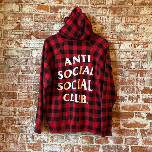 Anti Social Social Club Red Black Checkered Hoodie Large ASSC Plaid Streetwear - Picture 3 of 5